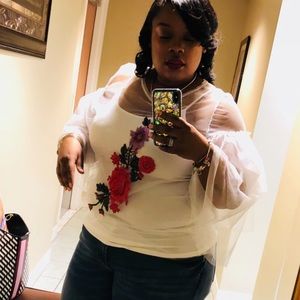 White sheer blouse with rose appliqué